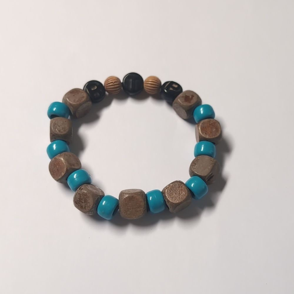 35 Blue and Brown Wood Beaded Stretch Bracelet with Black‎ RTP Initials